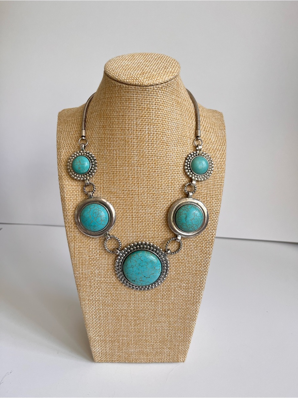 Boho Statement Necklace | Turquoise Look Beaded Disk Choker | Adjustable
